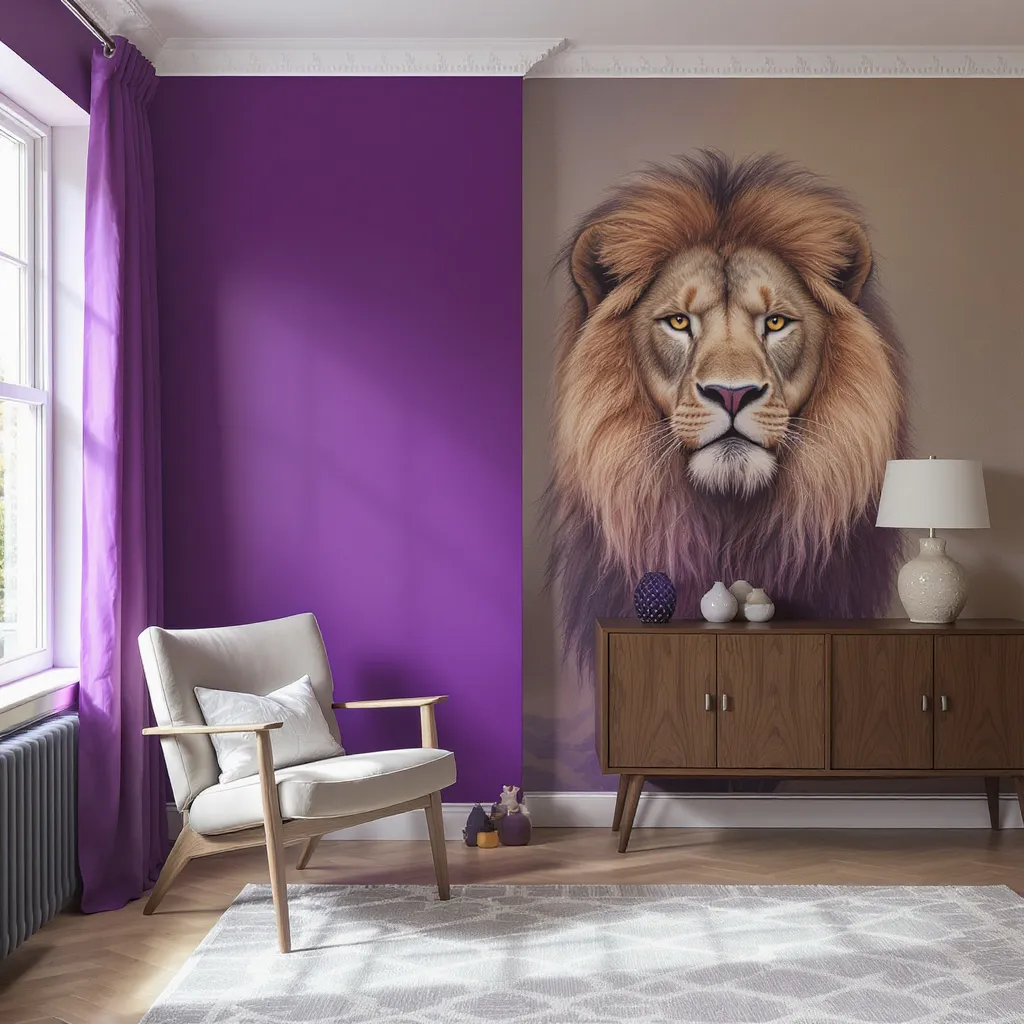 Chambre moderne aux murs contrastés Tanzanite et Lioness de Graham & Brown, lumière naturelle douce