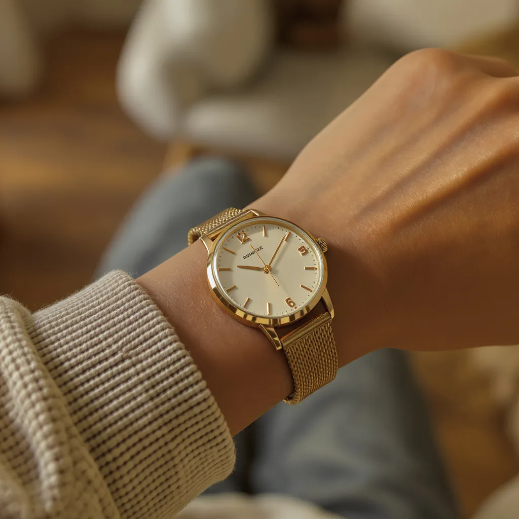 Femme élégante portant une montre d’occasion au design vintage dans un intérieur lumineux et raffiné