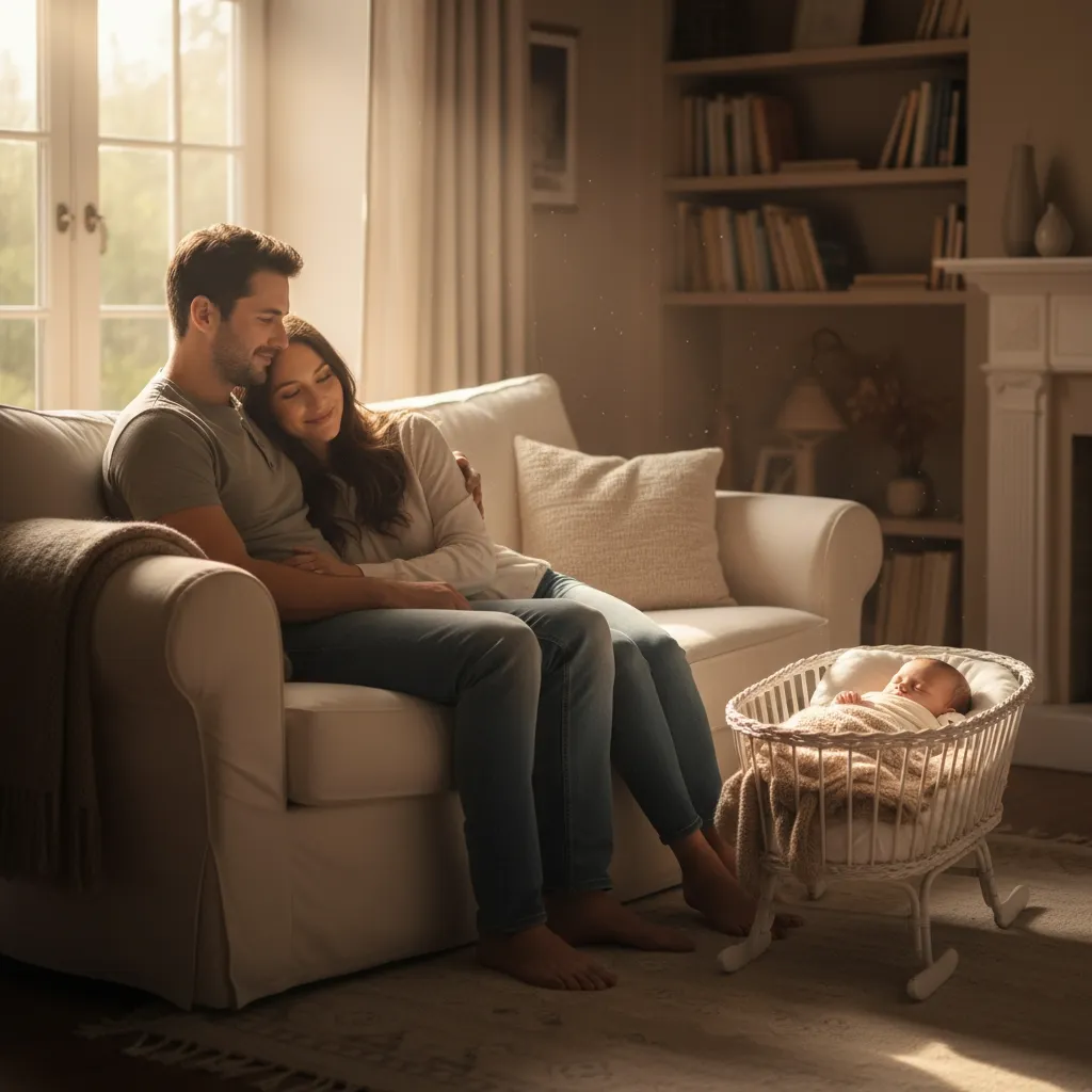 ouple assis l’un près de l’autre sur un canapé, bébé dormant dans un couffin à côté, ambiance douce et complice, lumière dorée de fin de journée
