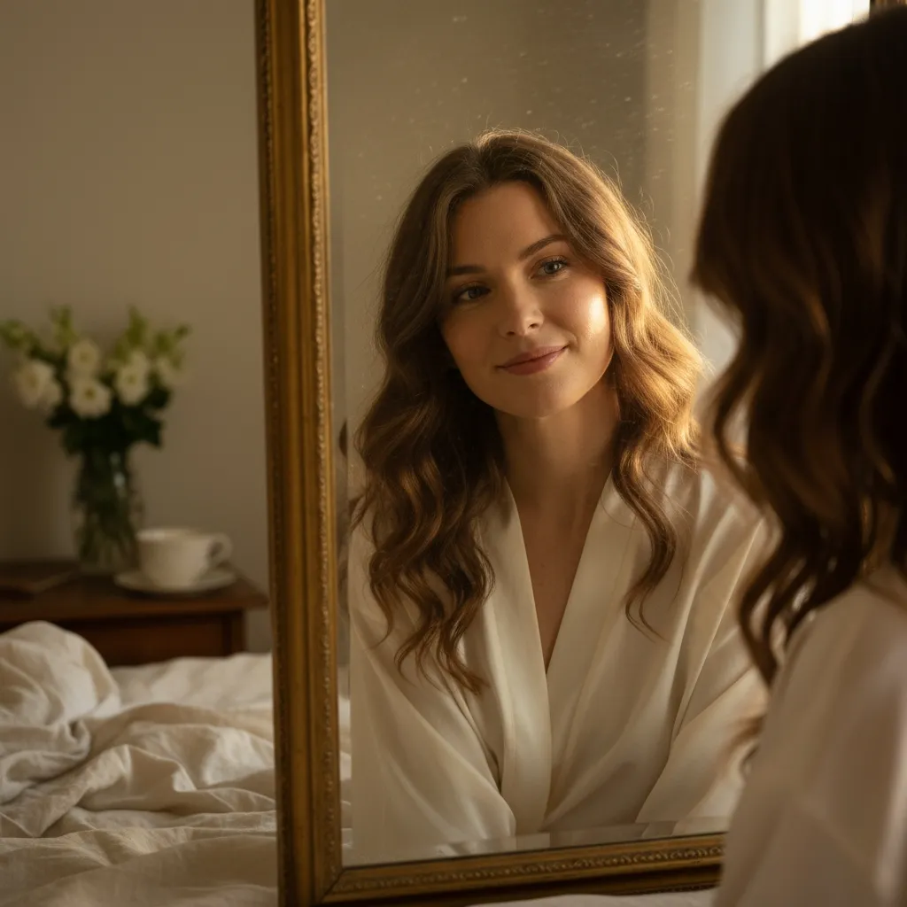 Jeune femme observant son corps après l’accouchement, acceptation et émotion du post-partum.