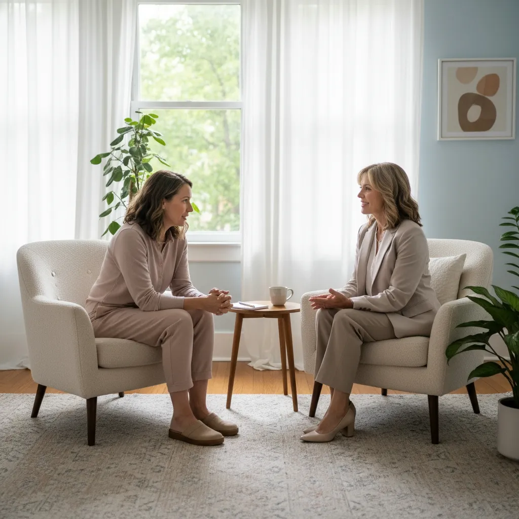 Jeune mère échangeant avec une psychologue pour surmonter la dépression post-partum.