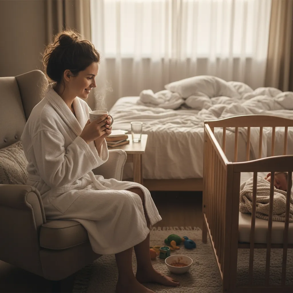 Maman fatiguée savourant un moment calme pendant que son bébé dort, symbole du quotidien post-partum.