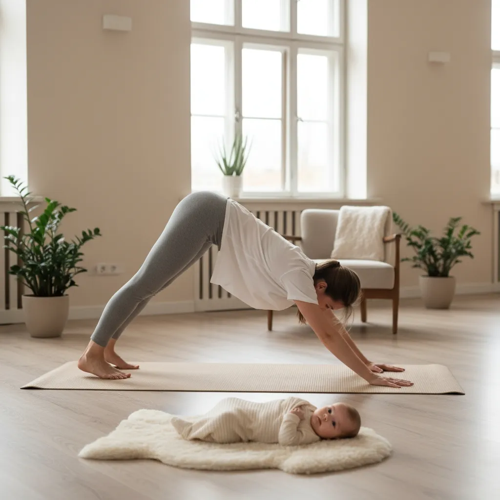 Maman pratiquant le yoga post-natal pour retrouver énergie et équilibre après la grossesse.
