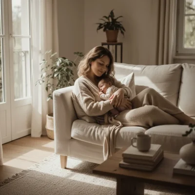Maman tenant son nouveau-né dans ses bras après l’accouchement, lumière douce, symbole de calme et de confiance post-partum.