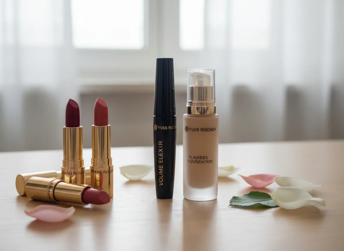 Produits maquillage Yves Rocher alignés : mascara Volume Elixir, fond de teint zéro défaut et rouges à lèvres Grand Rouge