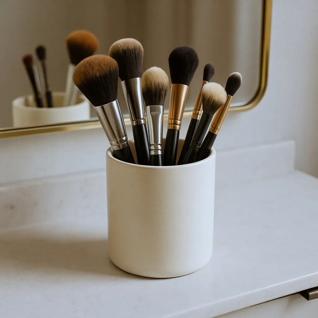 Pot à pinceaux de maquillage posé sur une coiffeuse moderne, organisation esthétique et pratique du maquillage