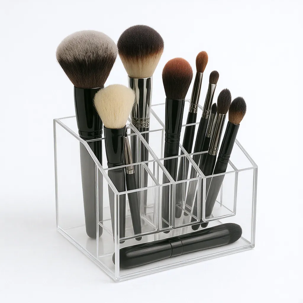 Rangement maquillage en acrylique transparent permettant d’organiser plusieurs pinceaux avec visibilité optimale