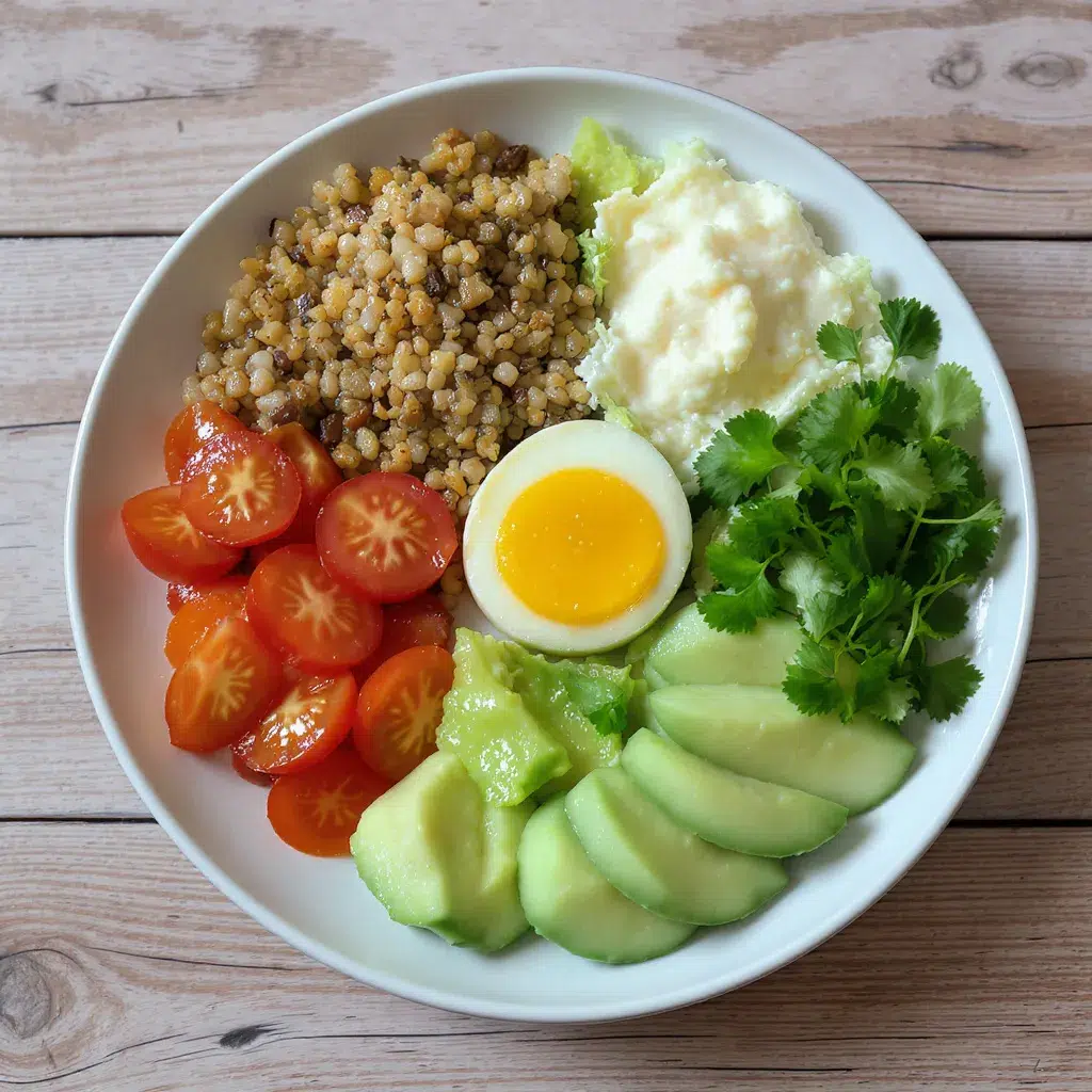 assiette équilibrée riche en fibres et en bons gras avocat, tomate, oeuf, purée, quinoa, idéale pour le régime alimentaire du diabète