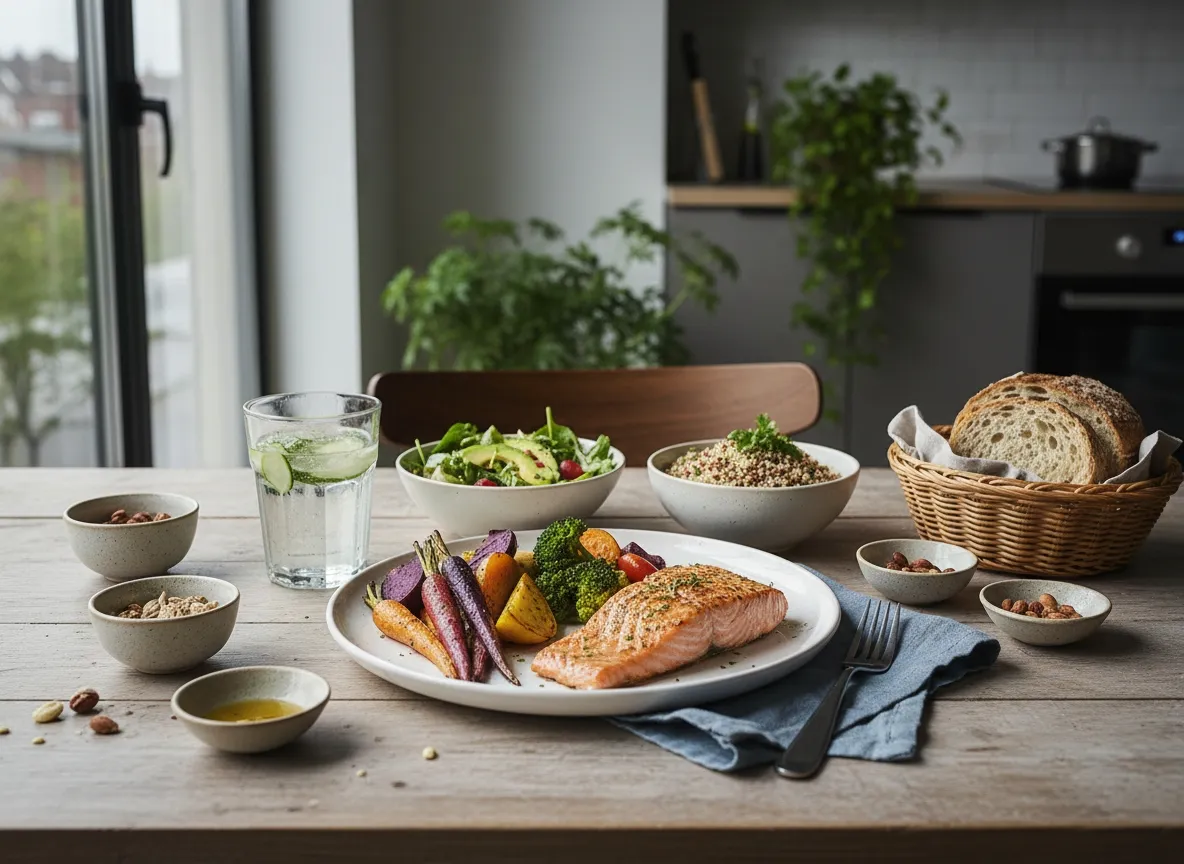 Table repas sain, équilibré, saumon légumes, fruits secs, noix, pain bio complet