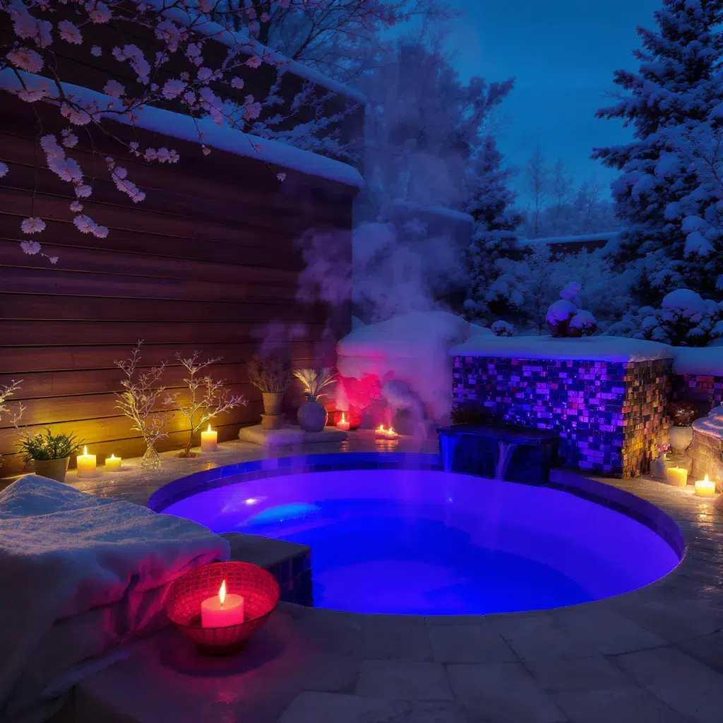 Spa extérieur éclairé en soirée hivernale offrant un moment de relaxation pour le corps et l’esprit