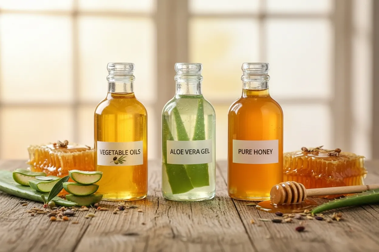 Huiles végétales, aloe vera et miel utilisés comme soins naturels pour calmer les rougeurs et hydrater la peau en hiver.