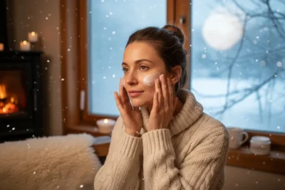 Femme appliquant une crème riche sur son visage en plein hiver pour protéger sa peau du froid, réduire les rougeurs et apaiser les tiraillements.