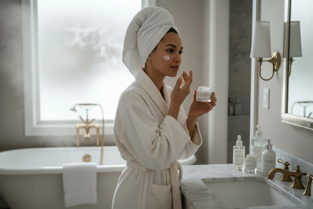 Femme dans sa salle de bain appliquant une crème d’hiver après un nettoyage doux pour protéger la barrière cutanée du froid.
