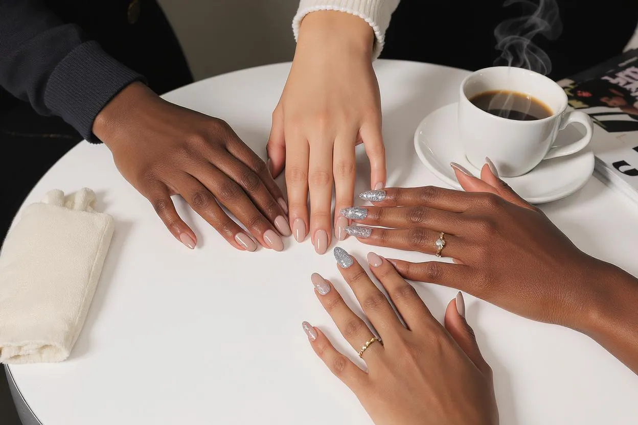 Différentes manucures en vernis semi permanent nude, chrome et pailleté sur plusieurs mains, illustrant les tendances actuelles et la variété des styles possibles.