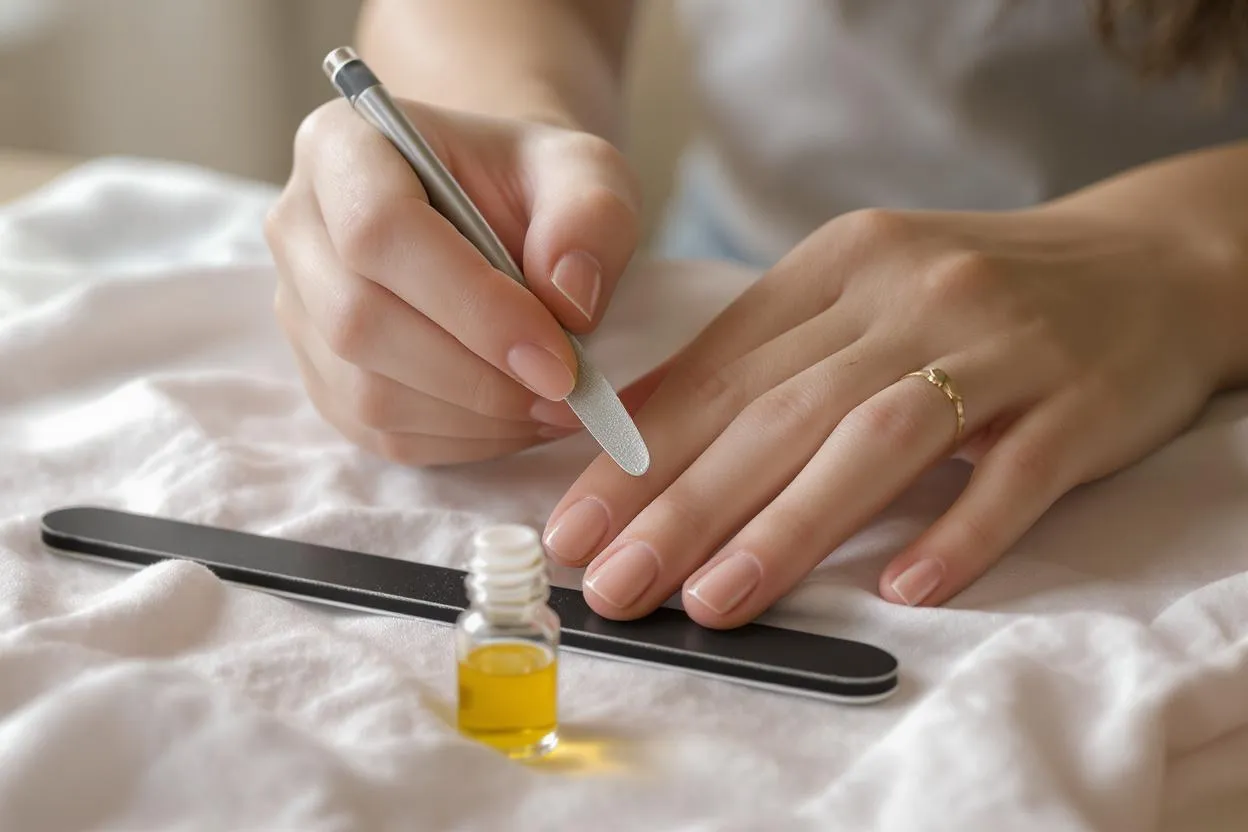 Préparation des ongles avant un vernis semi permanent, avec limage léger et cuticules repoussées pour optimiser l’adhérence et la tenue de la manucure
