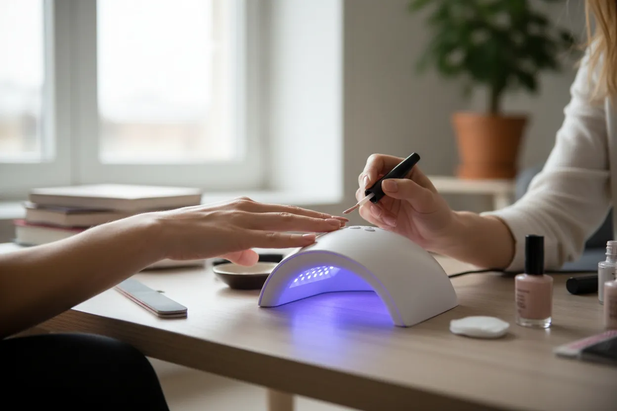 Application d’un vernis semi permanent nude sous lampe LED, gros plan sur des mains féminines soignées pour une manucure longue tenue à domicile.