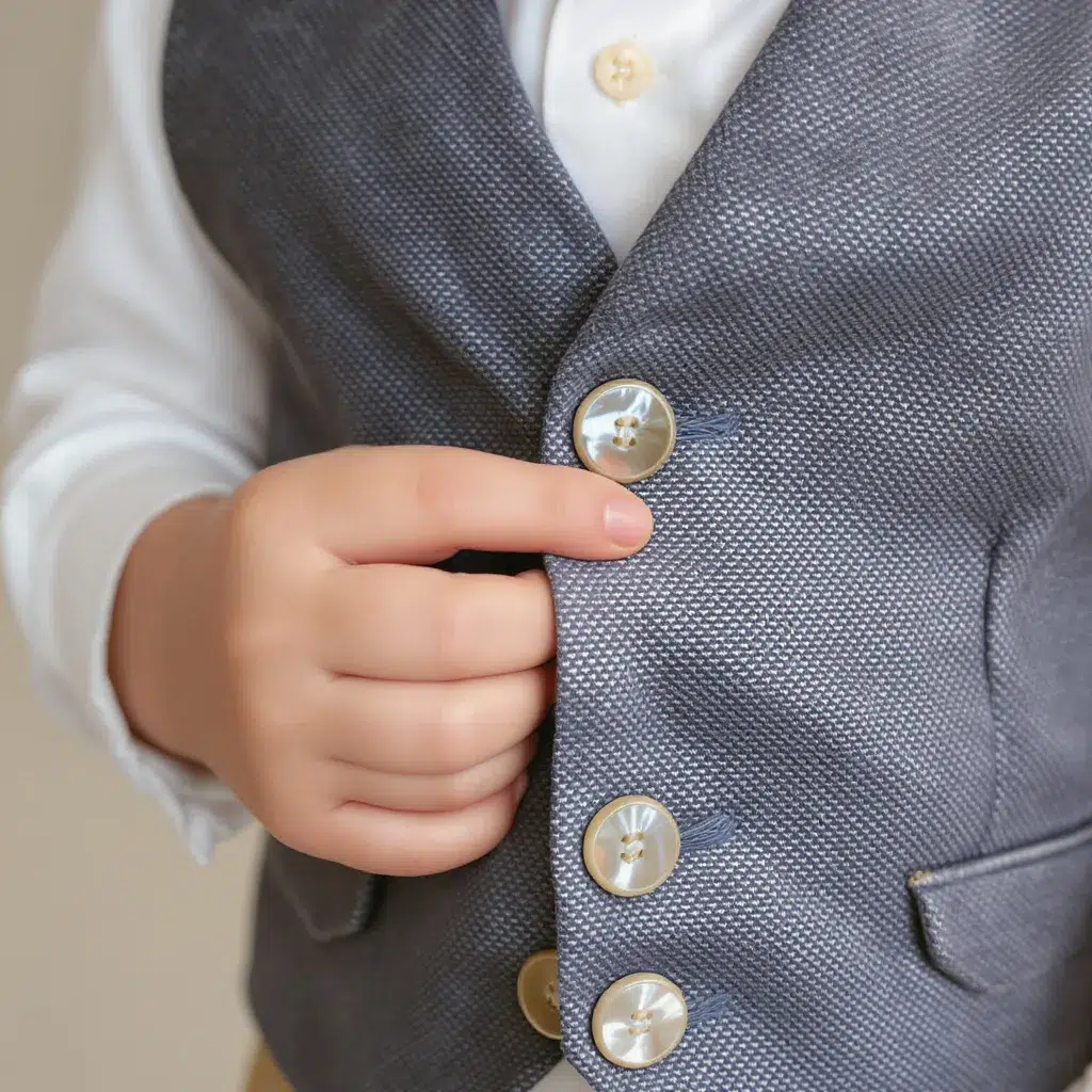 Détail d’une tenue de cérémonie garçon montrant un gilet texturé et des boutons nacrés, illustrant l’importance des matières et finitions