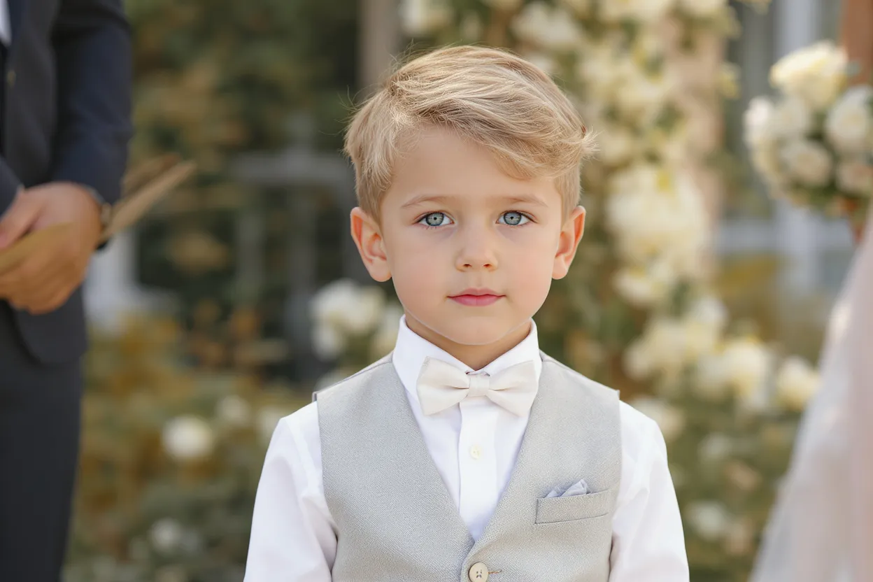 Petit garçon en tenue de cérémonie chic avec chemise blanche, pantalon en lin et gilet léger, dans une ambiance élégante et naturelle.
