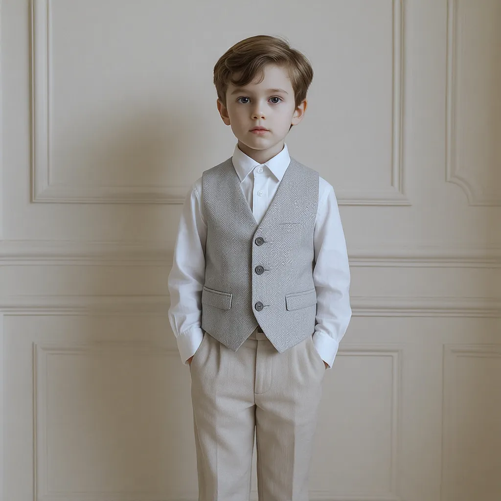 Garçon en tenue de cérémonie élégante avec chemise claire et pantalon en lin, silhouette chic parisienne pensée pour le confort et le style.