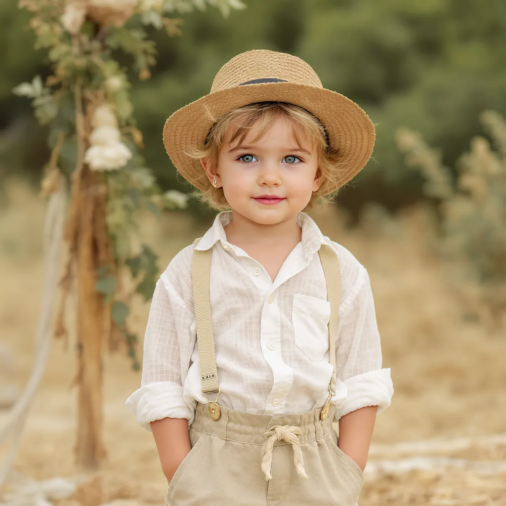 Garçon en tenue bohème chic pour cérémonie avec chemise légère et pantalon sable, idéal pour un style naturel et élégant en plein air.