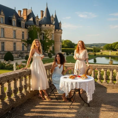 Trois femmes profitant d’un petit-déjeuner en terrasse d’un château près de Paris, cadre élégant et ensoleillé.