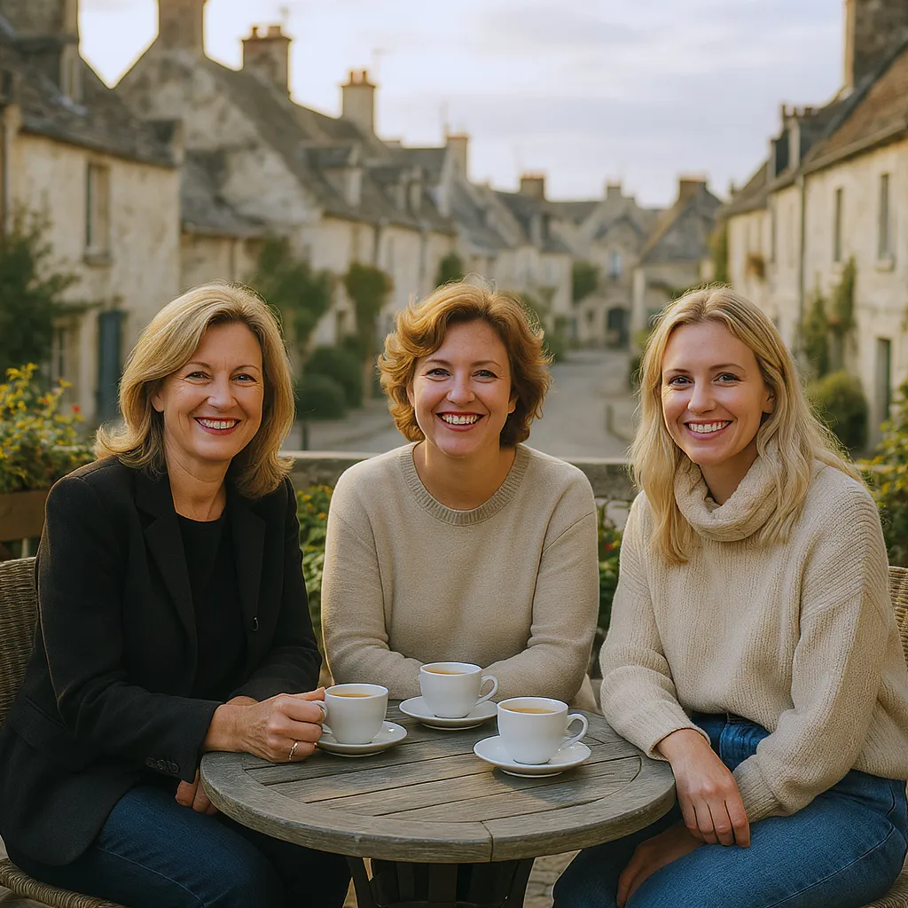 Trois femmes souriantes prenant un café en terrasse d’un village normand proche de Paris