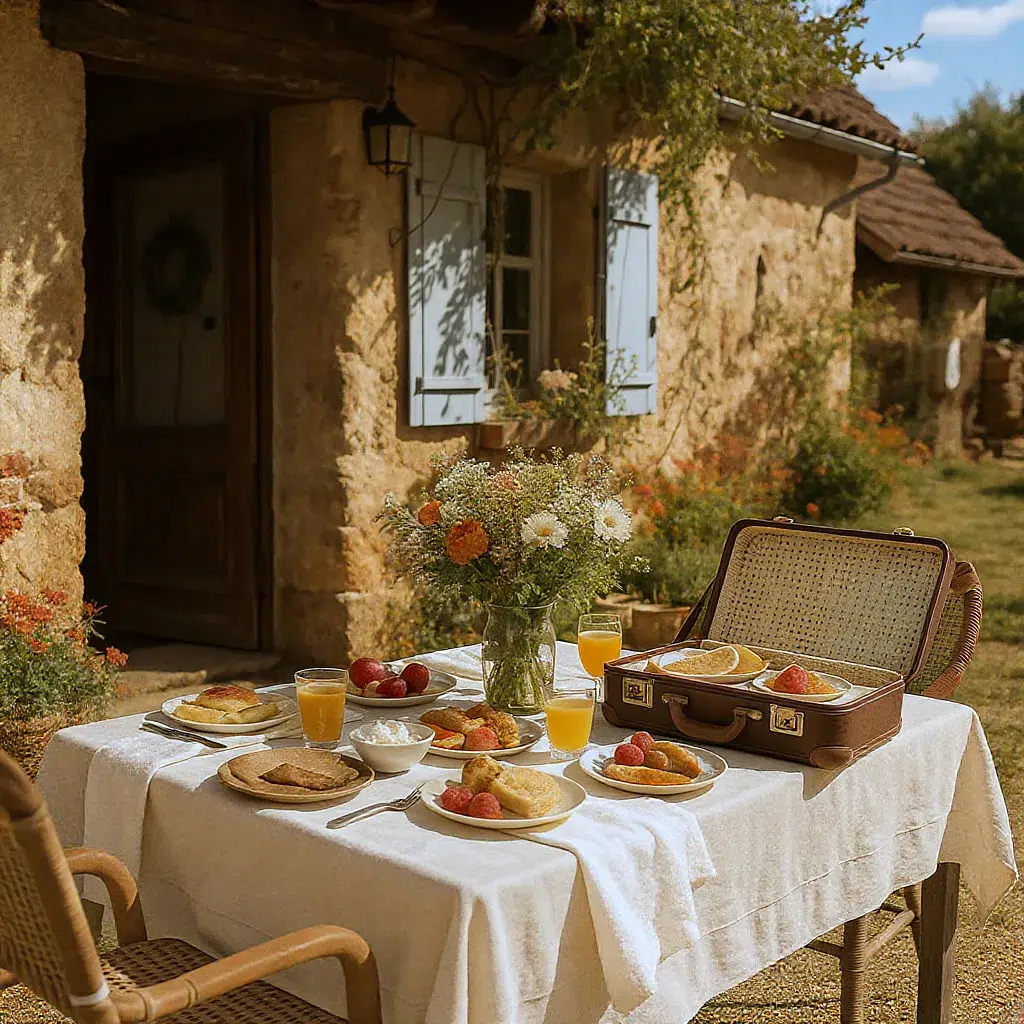 Table de brunch chic vintage sur une terrasse de gîte rural avec valise et bouquet de fleurs