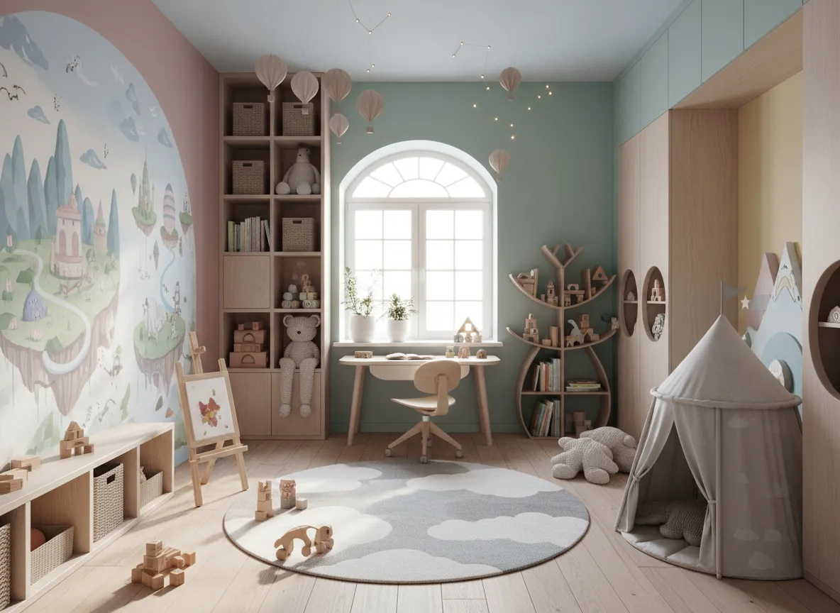 Chambre d’enfant aux couleurs pastel avec bureau, rangements et décor thématique conçu pour stimuler le jeu et l’imagination.