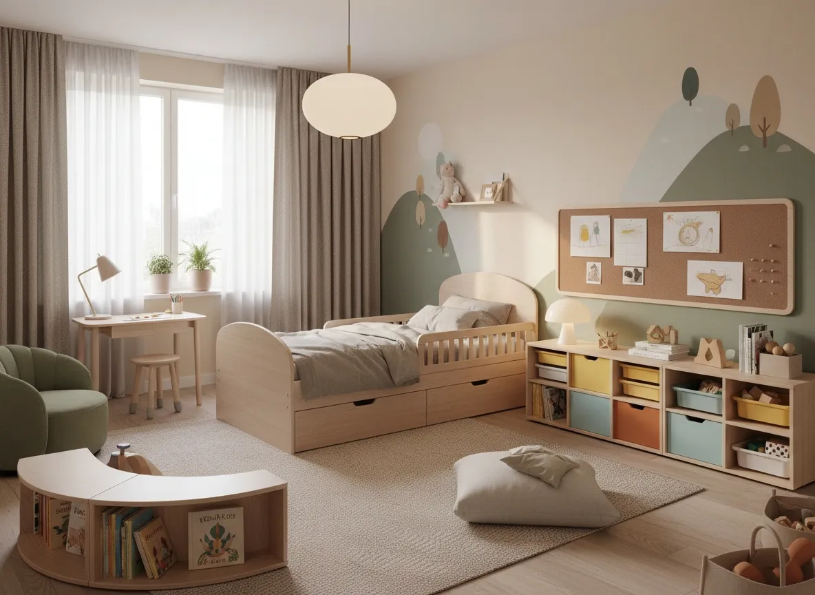 Chambre évolutive avec lit de grand, rangements accessibles et coin détente pour accompagner la croissance de l’enfant.