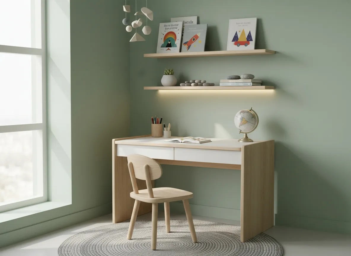 Espace bureau d’enfant avec mobilier adapté, éclairage doux et rangements muraux pour favoriser l’autonomie scolaire.