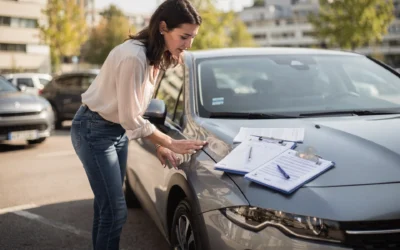 Femme inspectant une voiture d’occasion sur un parking avant achat, vérifiant état général et documents, scène réaliste et naturelle