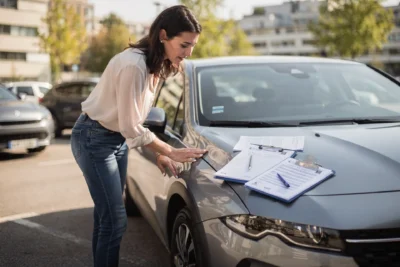 Femme inspectant une voiture d’occasion sur un parking avant achat, vérifiant état général et documents, scène réaliste et naturelle