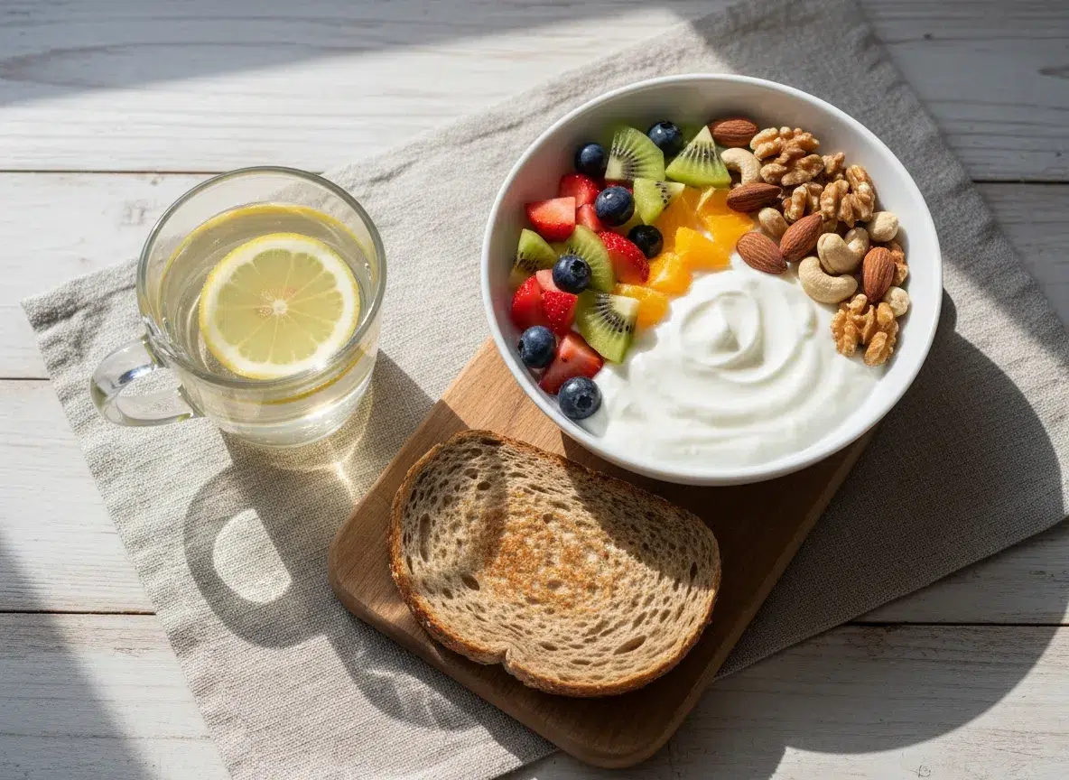 Petit-déjeuner équilibré avec fruits, yaourt et pain complet pour montrer comment intégrer facilement les nutriments essentiels au quotidien.