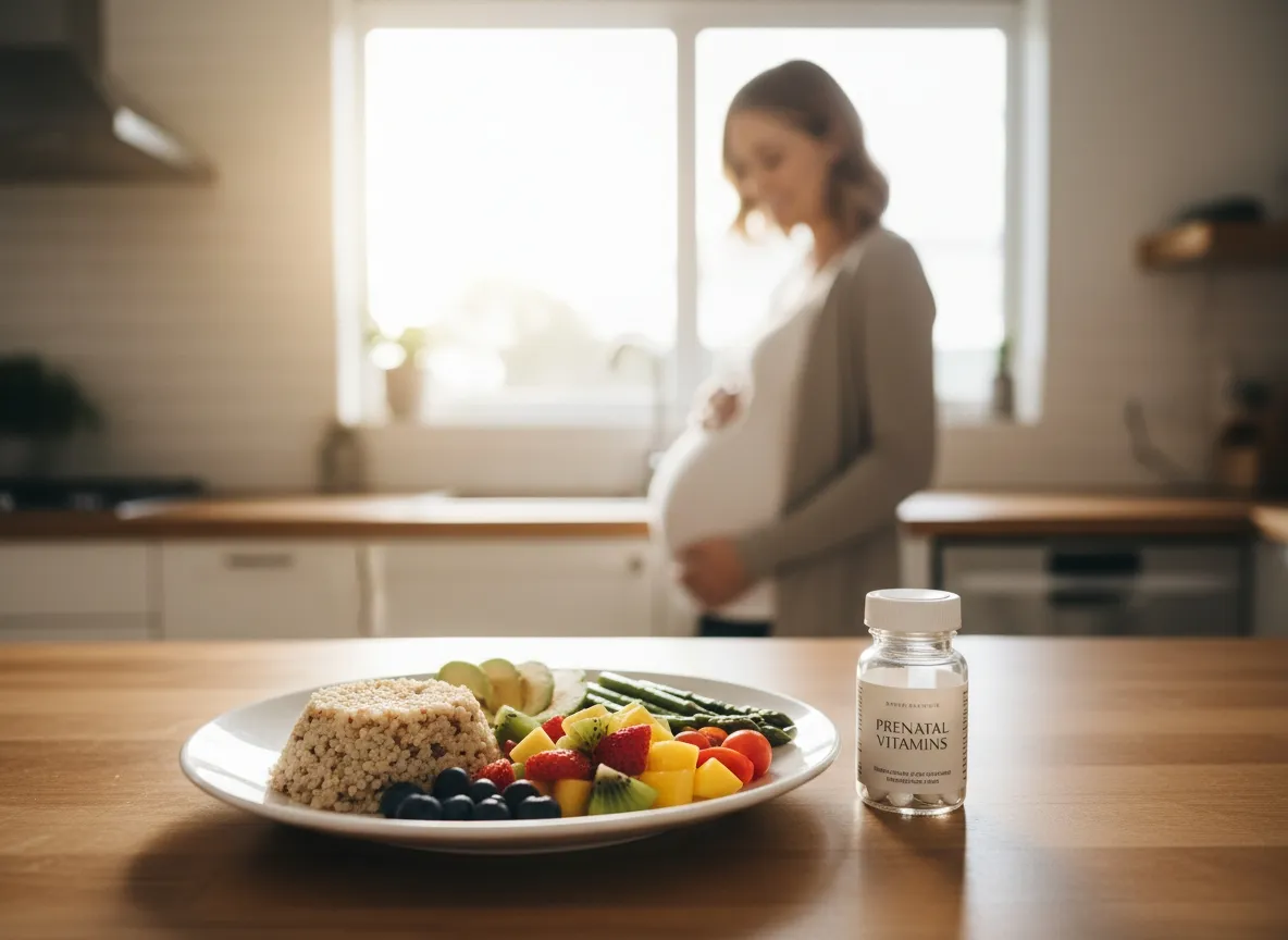 Vitamines et assiette colorée avec légumes frais, quinoa et fruits présentée par une femme enceinte en cuisine pour illustrer une alimentation variée et équilibrée.