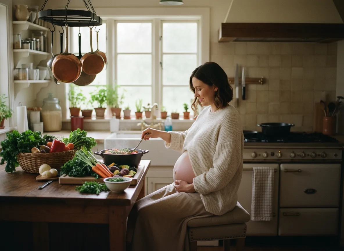 Future maman préparant une soupe de légumes maison, illustrant l’influence des saveurs maternelles sur les goûts du futur bébé.