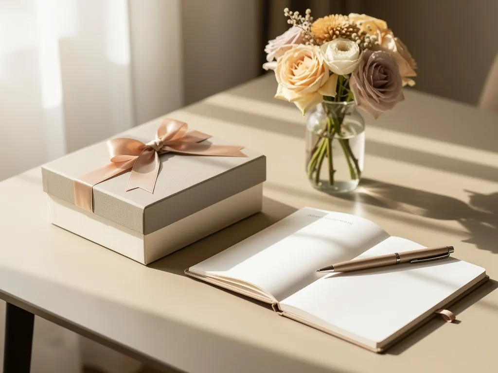 Coffret simple et élégant posé près d’un carnet et d’un bouquet minimaliste pour un anniversaire féminin moderne