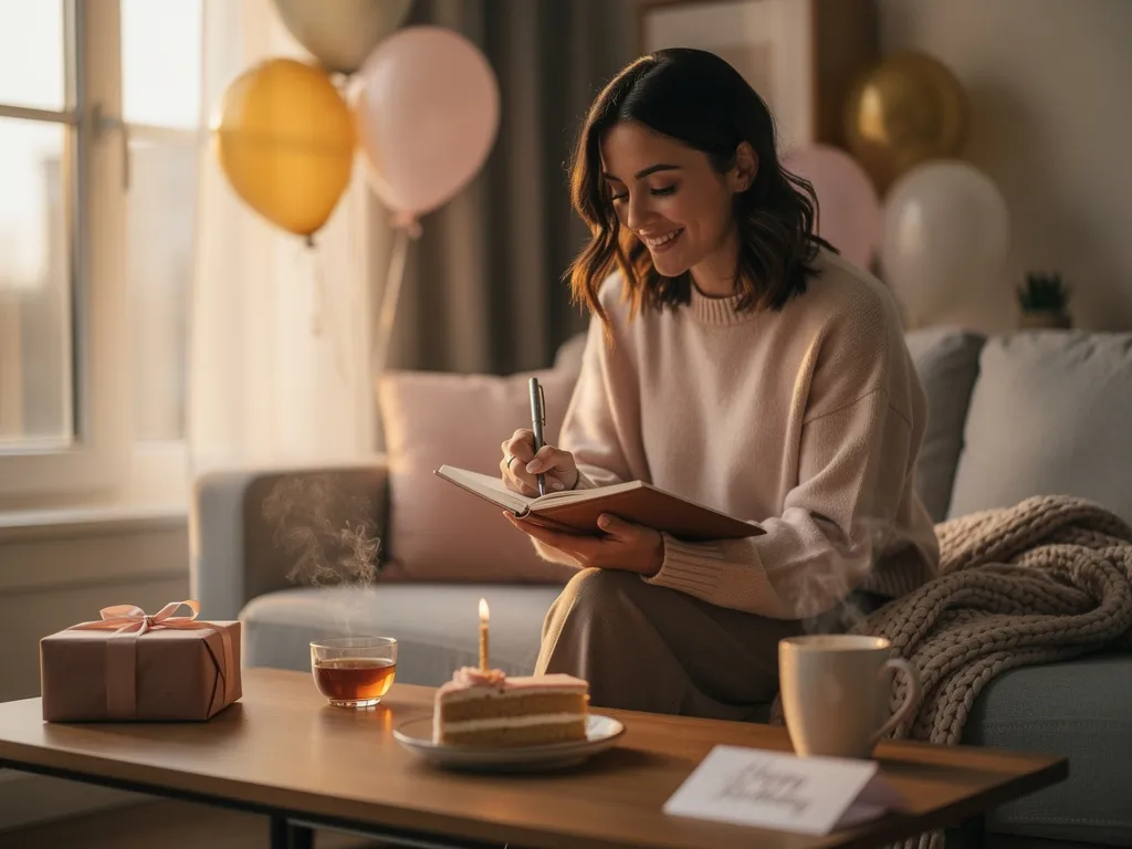 Femme moderne écrivant dans un carnet élégant lors d’un moment calme pour célébrer son anniversaire en douceur
