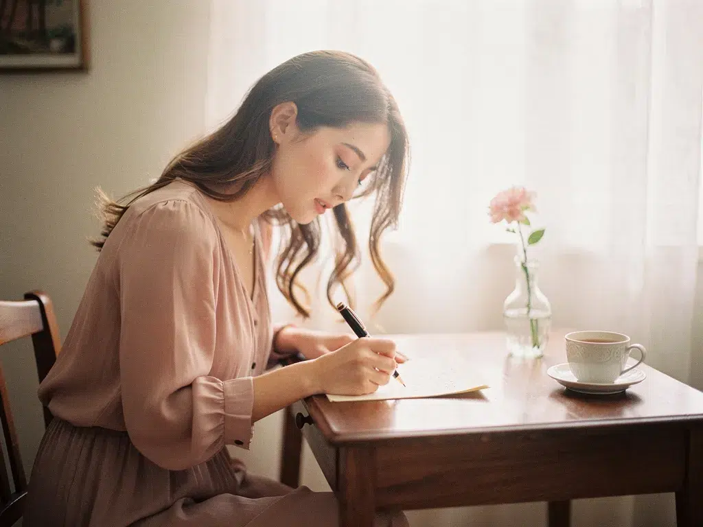 femme écrit lettre cadeau anniversaire