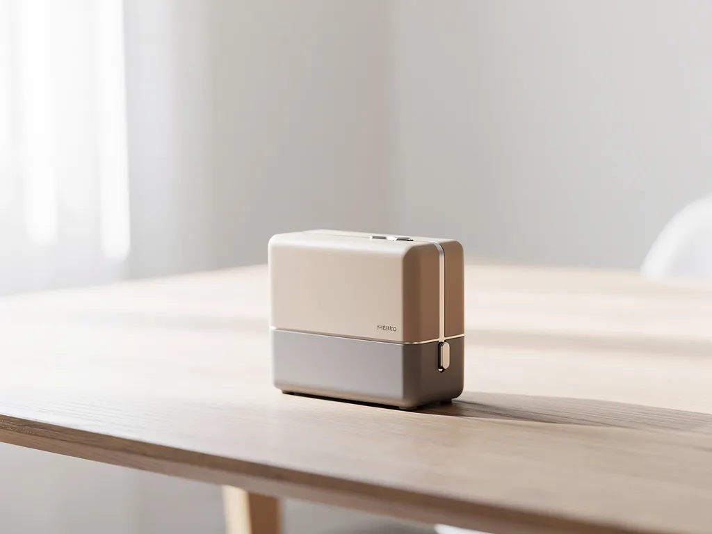 Enceinte radio magnétophone minimaliste posé sur une table épurée symbolisant un cadeau d’anniversaire utile et non encombrant pour une femme moderne