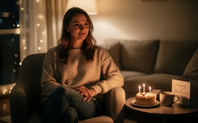 anniversaire-femme Femme moderne assise près d’une lumière douce profitant d’un moment calme pour célébrer son anniversaire simplement