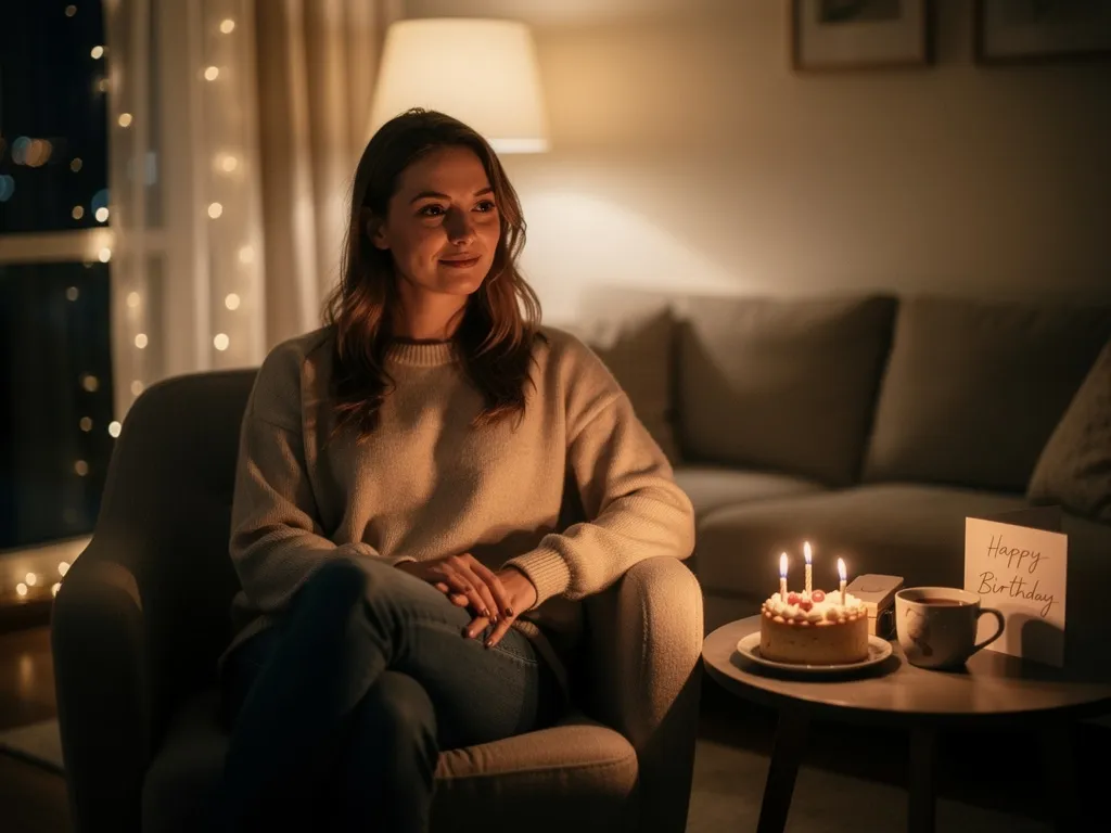 Femme moderne assise près d’une lumière douce profitant d’un moment calme pour célébrer son anniversaire simplement