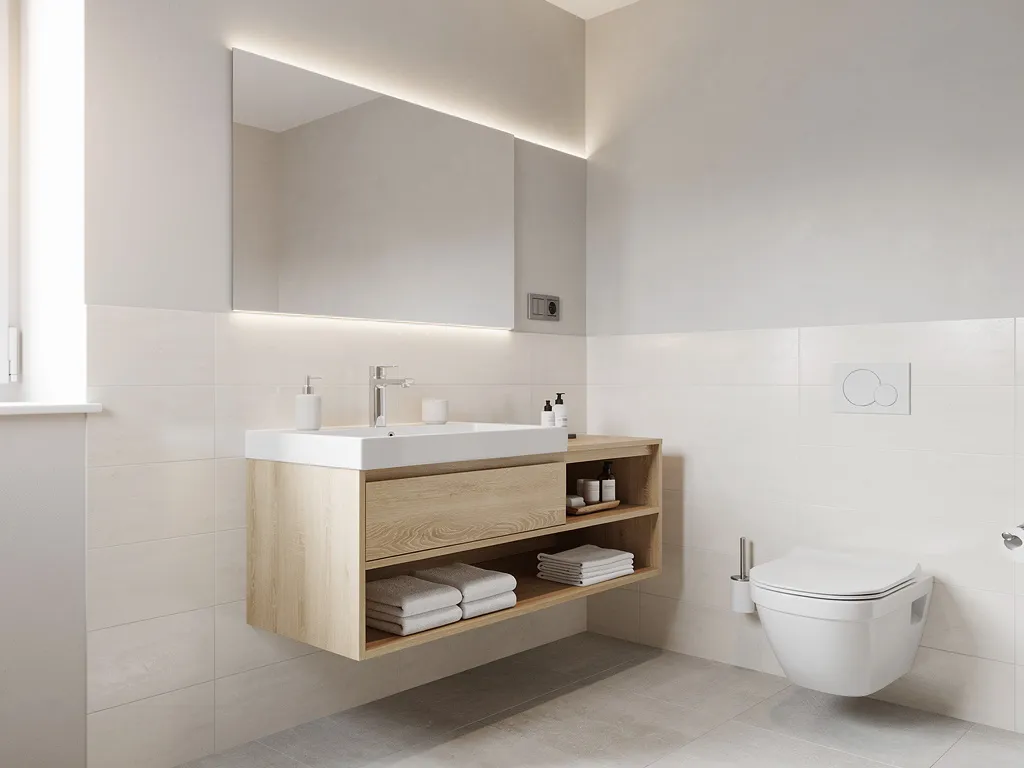 Avant après salle de bain avec rénovation budget 1000 euros incluant meuble moderne, robinetterie et sol effet pierre pour un style actuel