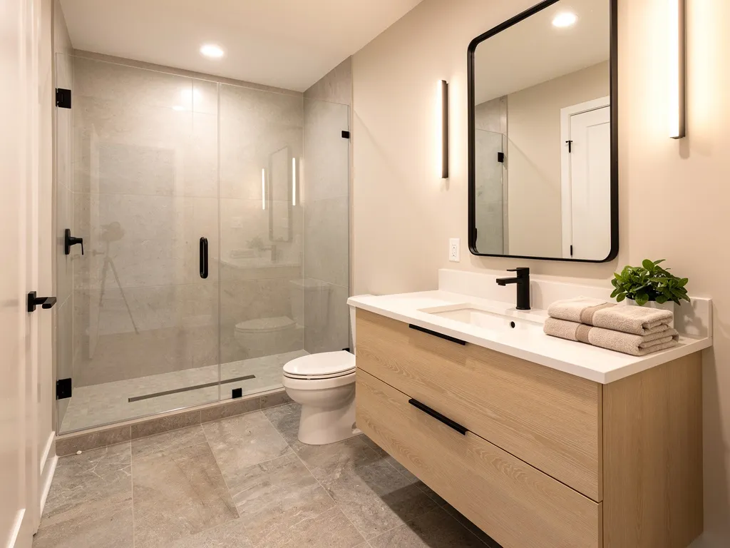 Avant après petite salle de bain de 4 mètres carrés optimisée avec meuble flottant rangements intégrés et paroi de douche transparente