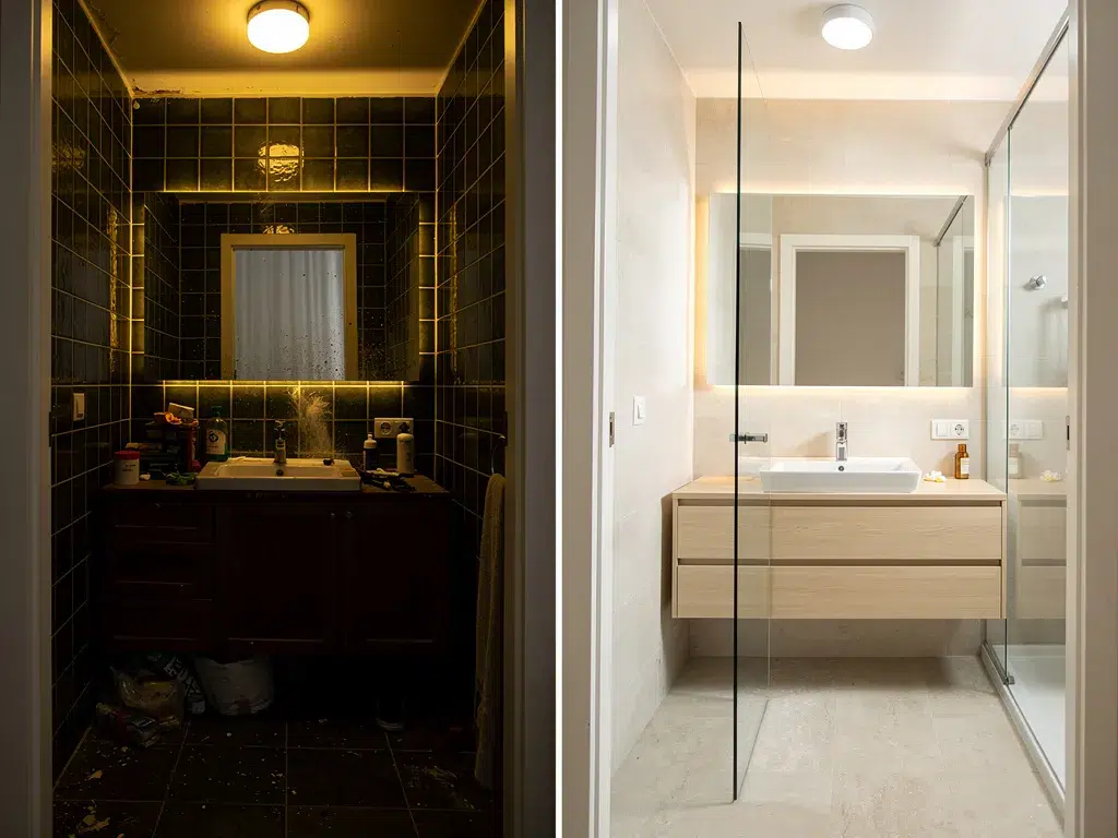 avant-apres-salle-de-bain Avant après salle de bain moderne avec carrelage repeint, meubles allégés et éclairage LED neutre pour maximiser la luminosité