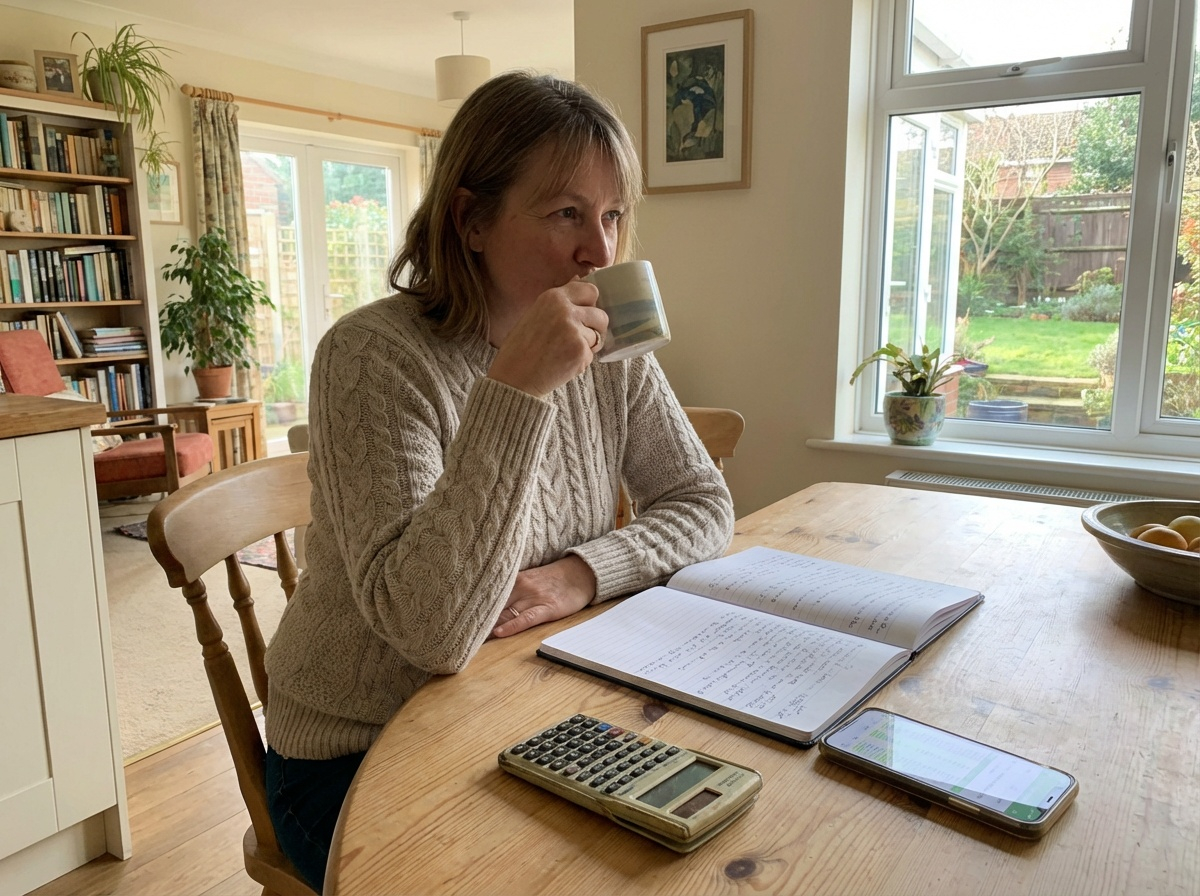 Personne organisant son budget personnel à la maison avec un carnet et une calculatrice pour mieux gérer ses finances mensuelles.