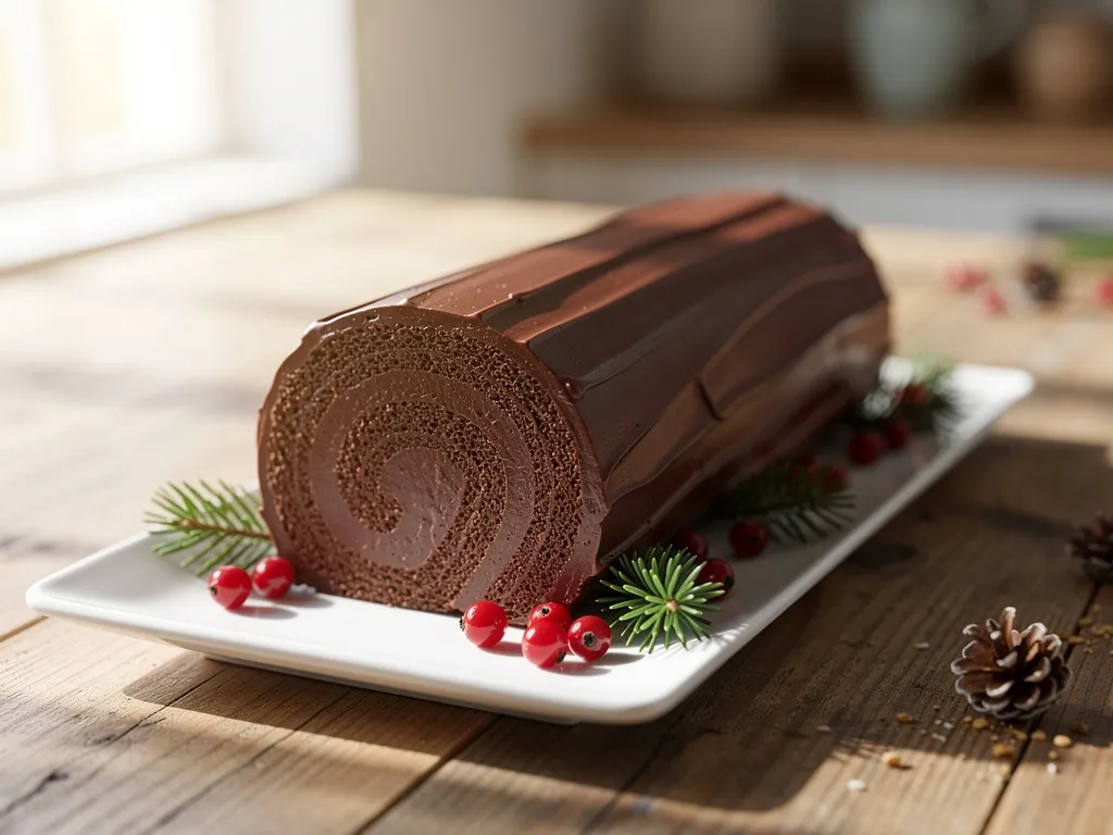 Bûche de Noël maison roulée avec génoise souple et crème, présentée simplement sur une table de fête chaleureuse.