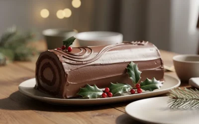 Bûche de Noël maison élégante et simple, présentée entière sur une table de fête chaleureuse, prête à être servie.