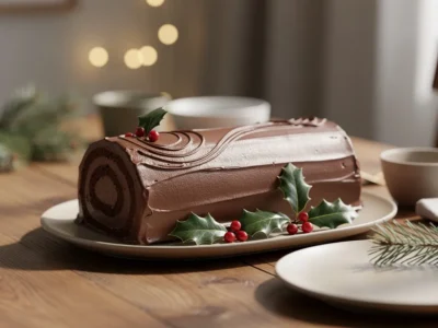 Bûche de Noël maison élégante et simple, présentée entière sur une table de fête chaleureuse, prête à être servie.