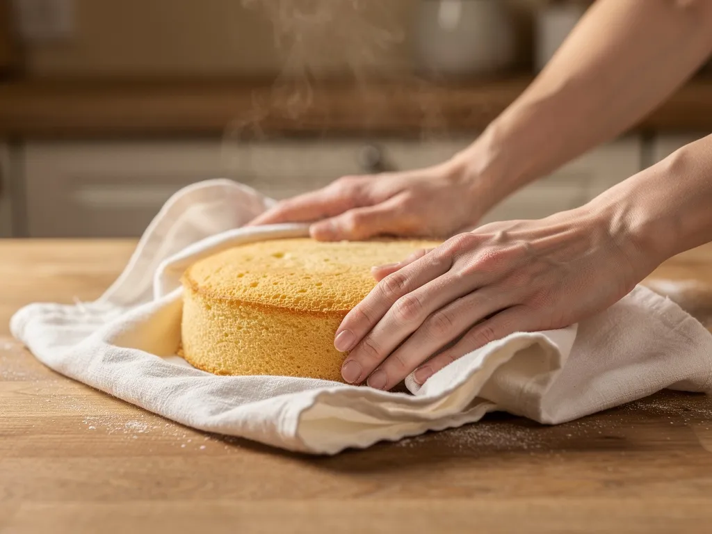 Roulage d’une génoise encore tiède dans un torchon humide pour éviter qu’elle casse lors du montage de la bûche.