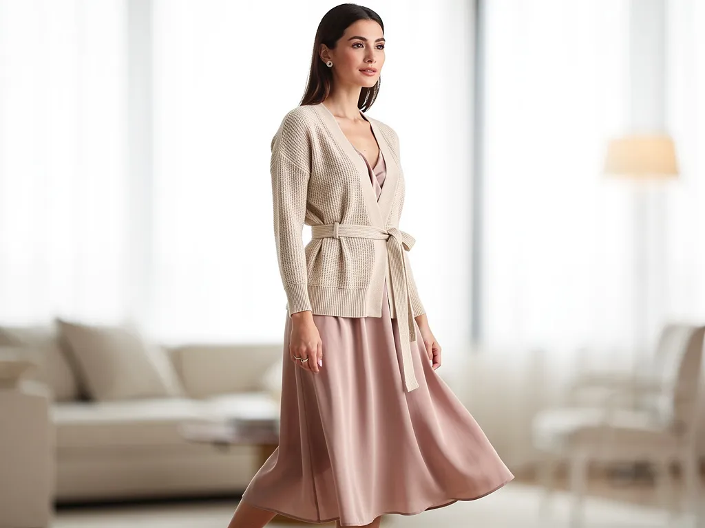 Cardigan porté sur chemise blanche avec col visible et jean droit brut, tenue de bureau féminine moderne et élégante.